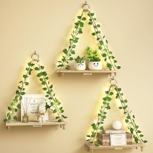 Fixwal Künstliche Efeu LED-Streifen Schweberegale 3er Set, Makramee Hängeregale Pflanze Wanddekoration, Rustikale Boho Holz Wand Lagerregale für Schlafzimmer, Wohnzimmer, Badezimmer Dekor (Rustic Fixwal Künstliche Efeu LED-Streifen Schweberegale 3er Set, Makramee Hängeregale Pflanze Wanddekoration, Rustikale Boho Holz Wand Lagerregale für Schlafzimmer, Wohnzimmer, Badezimmer Dekor (Rustic von Fixwal