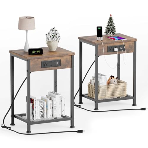 Fixwal Nachttische 2er Set mit Ladestation, Beistelltische mit U-S-B Anschlüssen und Steckdosen, schmaler Nachttisch 2er Set für Wohnzimmer, Bauernhaus, Sofa Couch (Rustic Brown) von Fixwal