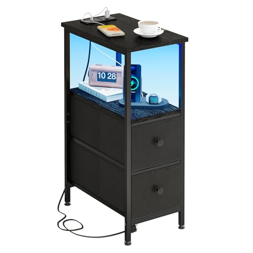 Fixwal Schmaler Beistelltisch mit Ladestation und LED-Licht, Skinny Nachttisch mit 2 Stoffschubladen, schmaler Beistelltisch für Schlafzimmer, Schlafsaal, kleiner Raum, Schwarz von Fixwal