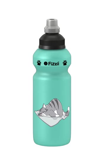 Fizzii Kinder- und Freizeittrinkflasche 500 ml, Motiv Katze, Farbe mint (auslaufsicher bei Kohlensäure, schadstofffrei, spülmaschinenfest) von Fizzii