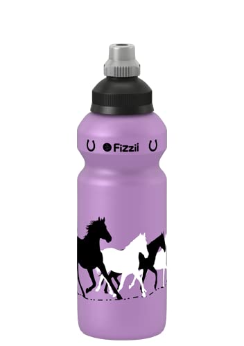 Fizzii Kinder- und Freizeittrinkflasche 500 ml, Motiv Pferd, Farbe flieder (auslaufsicher bei Kohlensäure, schadstofffrei, spülmaschinenfest) von Fizzii
