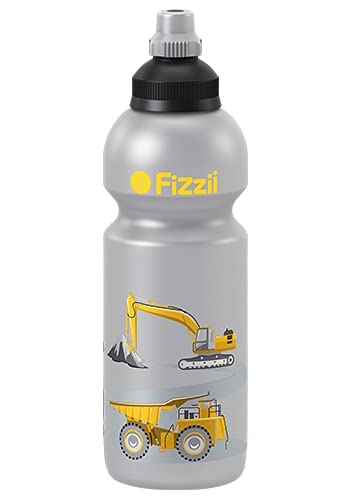 Fizzii Kinder- und Freizeittrinkflasche 600 ml (auslaufsicher bei Kohlensäure, schadstofffrei, spülmaschinenfest, Motiv: Baustelle) von Fizzii