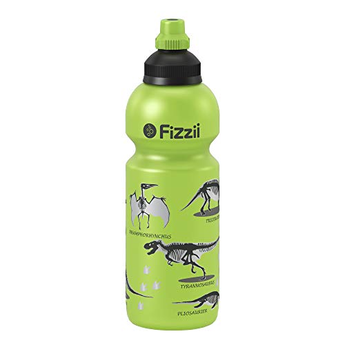 Fizzii Kinder- und Freizeittrinkflasche 600 ml (auslaufsicher bei Kohlensäure, schadstofffrei, spülmaschinenfest, Motiv: Dino lime) von Fizzii