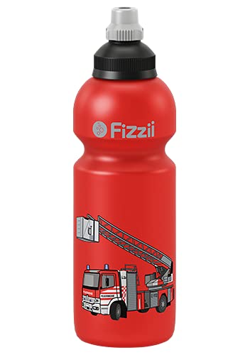 Fizzii Kinder- und Freizeittrinkflasche 600 ml (auslaufsicher bei Kohlensäure, schadstofffrei, spülmaschinenfest, Motiv: Feuerwehr) von Fizzii