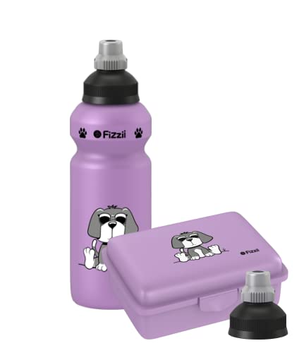 Fizzii Set Trinkflasche 500ml + Lunchbox inkl. Obst-/ Gemüsefach (schadstofffrei, spülmaschinenfest, Motiv: Hund flieder) von Fizzii