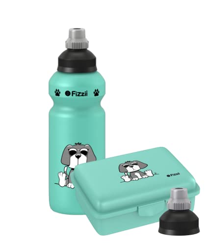 Fizzii Set Trinkflasche 500ml + Lunchbox inkl. Obst-/ Gemüsefach (schadstofffrei, spülmaschinenfest, Motiv: Hund mint) von Fizzii