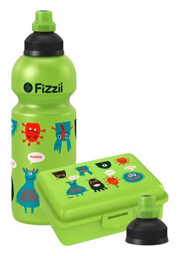 Fizzii Set Trinkflasche 600ml + Lunchbox inkl. Obst-/ Gemüsefach (schadstofffrei, spülmaschinenfest, Motiv: Monster) von Fizzii