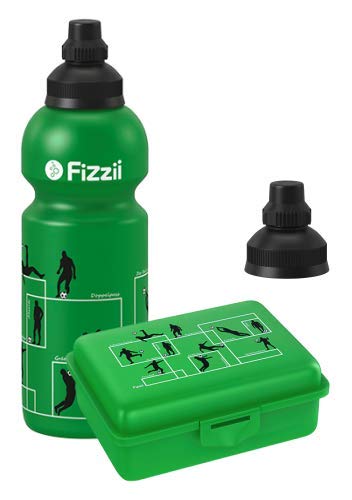 Fizzii Set Trinkflasche 600ml + Lunchbox inkl. Obst-/ Gemüsefach (schadstofffrei, spülmaschinenfest, Motiv: Spielzüge Fußball) von Fizzii