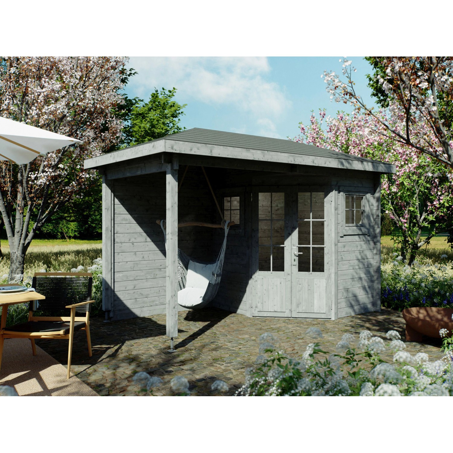 Fjordholz 5-Eck Gartenhaus Modell Evelyn 1B Grau Imprägniert von Fjordholz