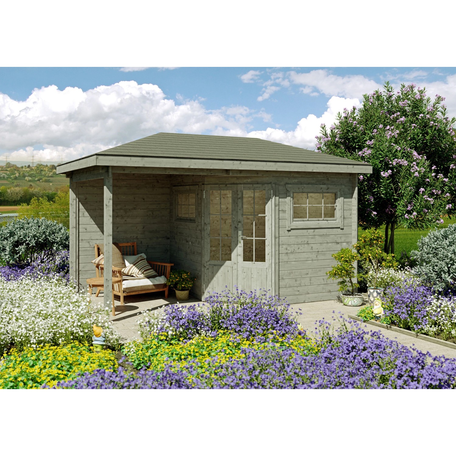 Fjordholz 5-Eck Gartenhaus Modell Evelyn 2B Grau Imprägniert von Fjordholz