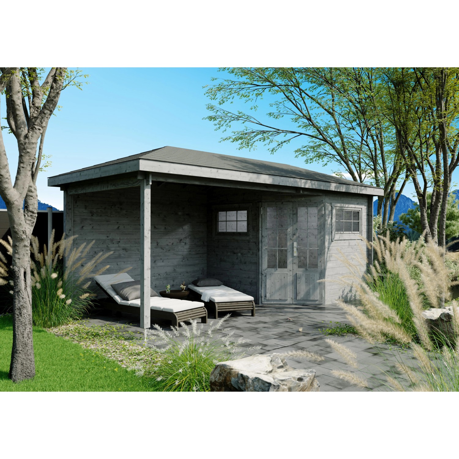 Fjordholz 5-Eck Gartenhaus Modell Evelyn 2C Grau Imprägniert von Fjordholz