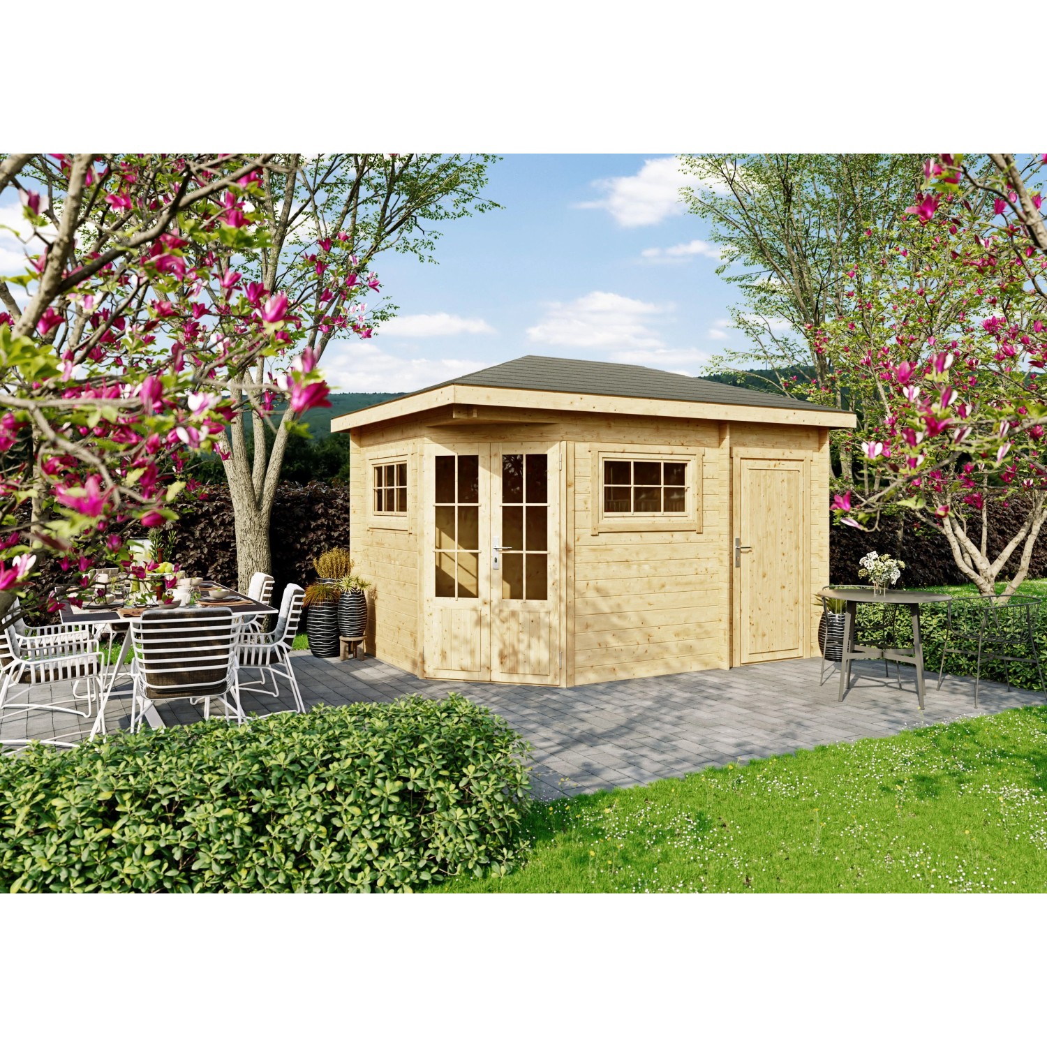Fjordholz 5-Eck Gartenhaus Modell Evelyn 2D Farblos Imprägniert von Fjordholz