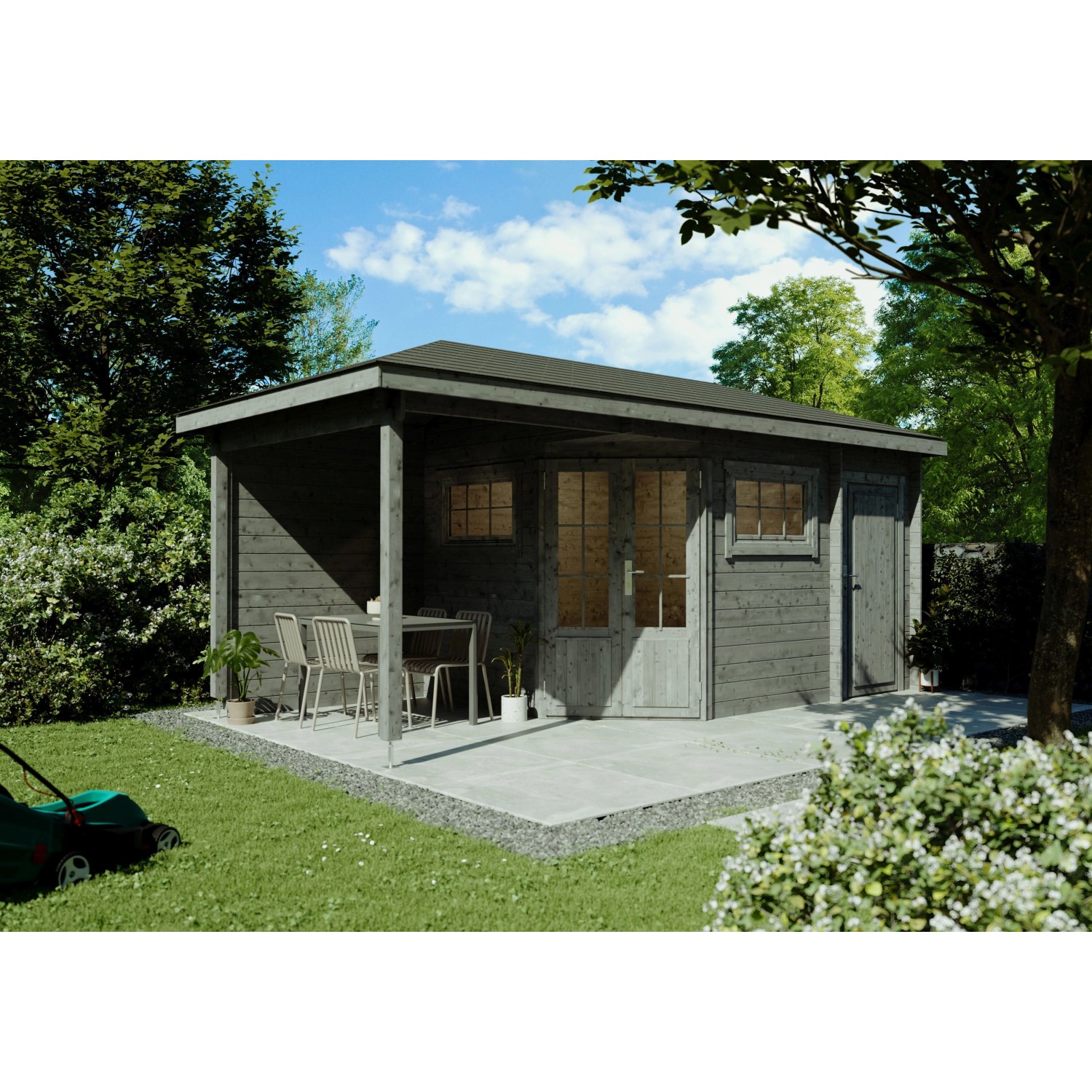 Fjordholz 5-Eck Gartenhaus Modell Evelyn 2E Grau Imprägniert von Fjordholz