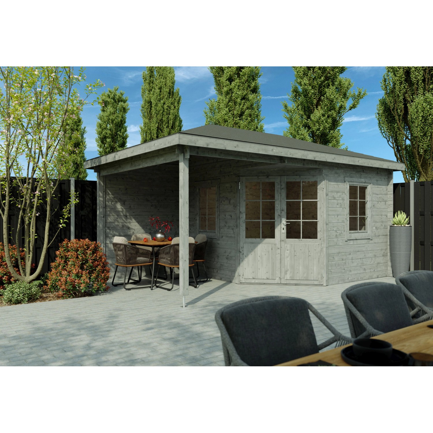 Fjordholz 5-Eck Gartenhaus Modell Evelyn 3B Grau Imprägniert von Fjordholz