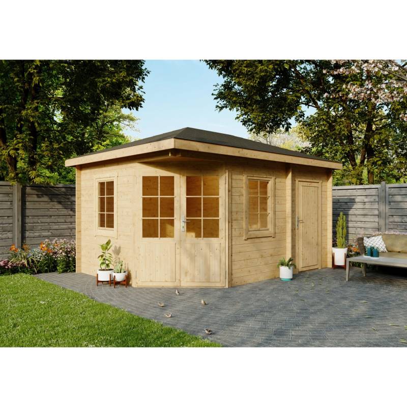 Fjordholz 5-Eck Gartenhaus Modell Evelyn 3D Farblos Imprägniert von Fjordholz