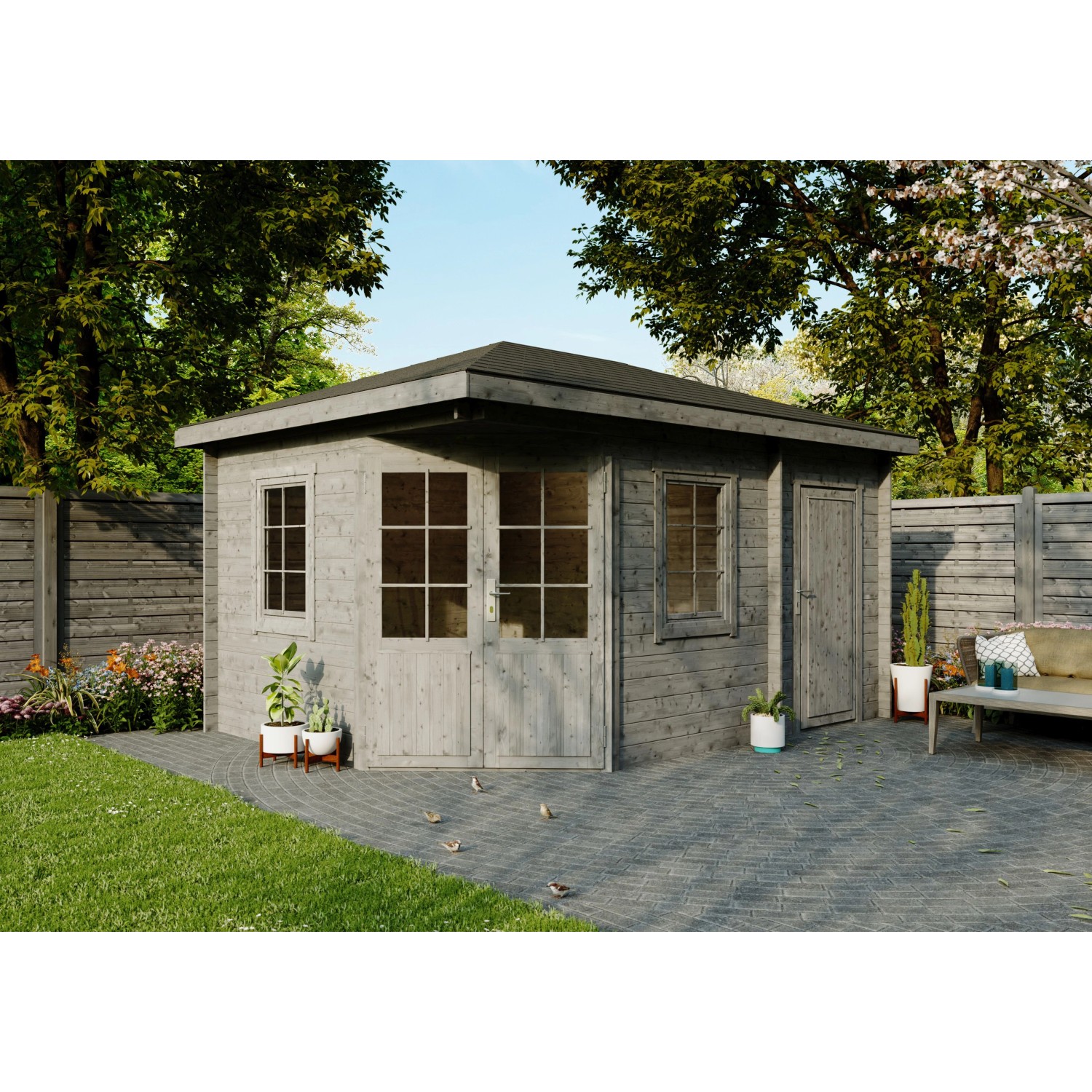 Fjordholz 5-Eck Gartenhaus Modell Evelyn 3D Grau Imprögniert von Fjordholz