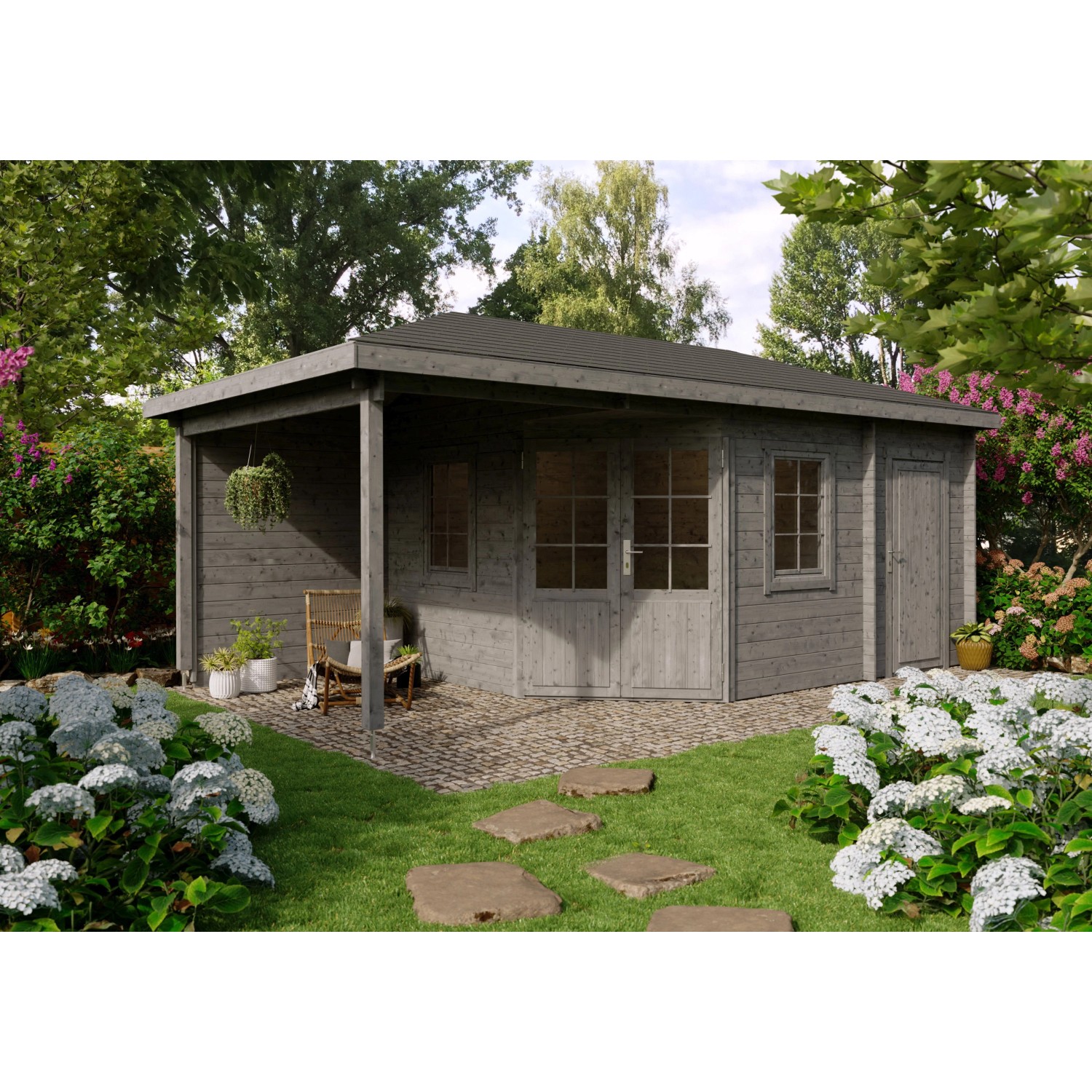 Fjordholz 5-Eck Gartenhaus Modell Evelyn 3E Grau Imprägniert von Fjordholz