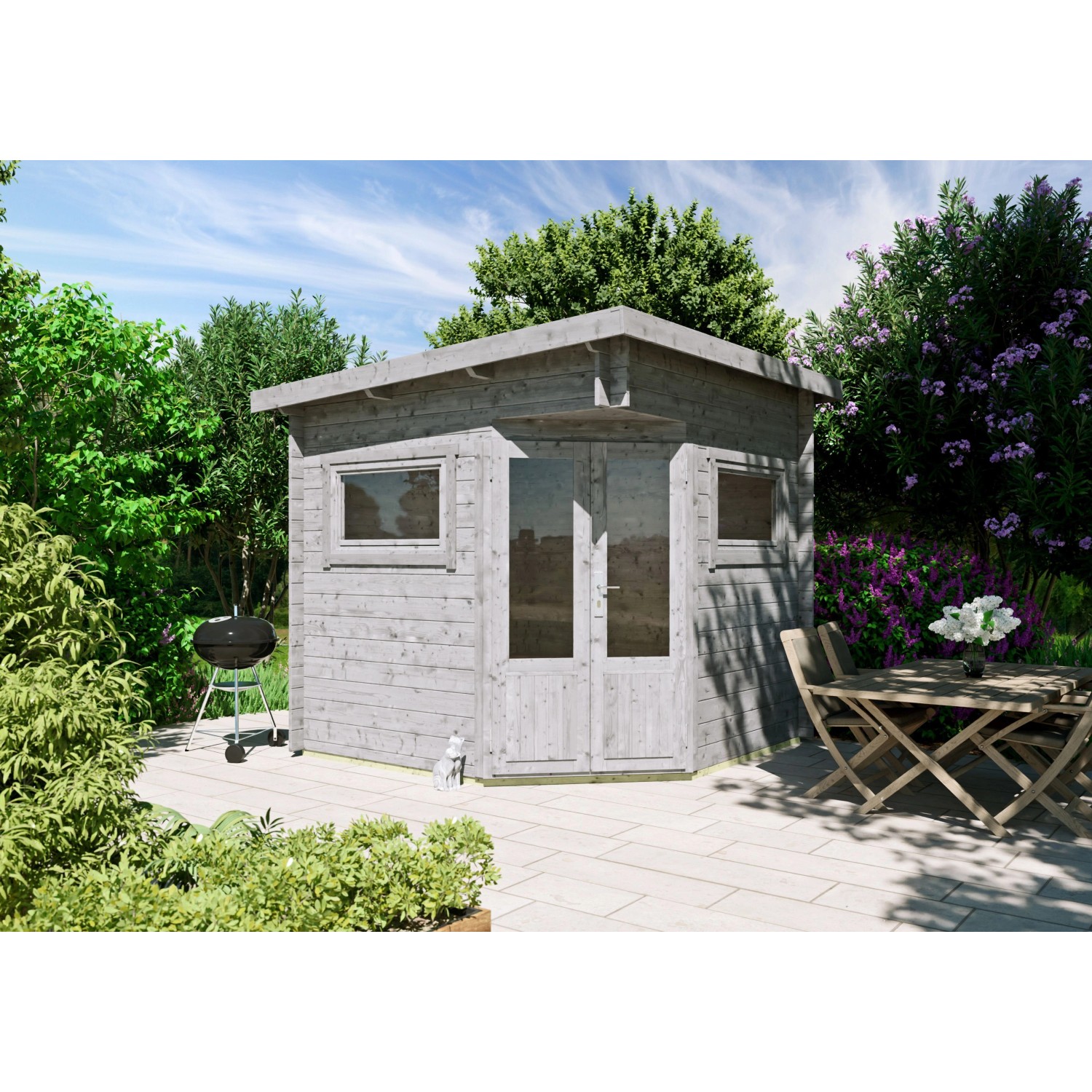 Fjordholz 5-Eck Gartenhaus Modell Leva 2A Grau Imprägniert von Fjordholz