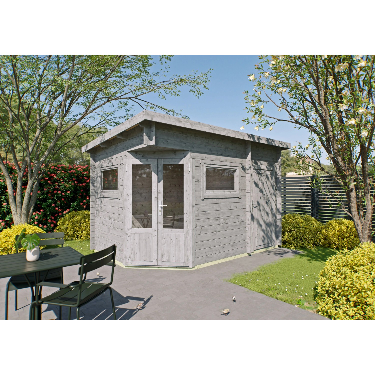 Fjordholz 5-Eck Gartenhaus Modell Leva 2D Grau Imprägniert von Fjordholz