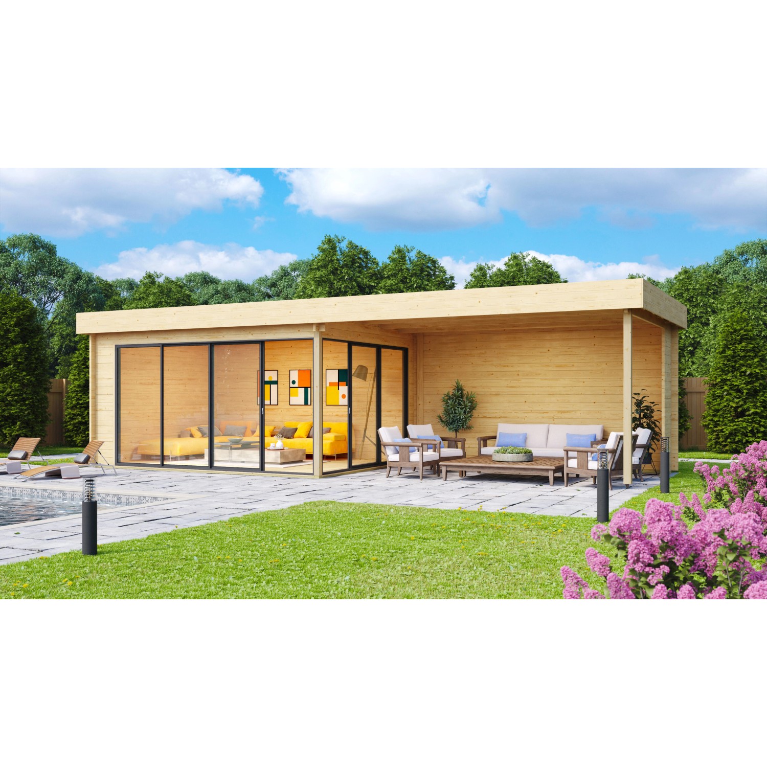 Fjordholz Gartenhaus Alu Concept 44 A mit Anbau 6mm Farblos Imprägniert von Fjordholz