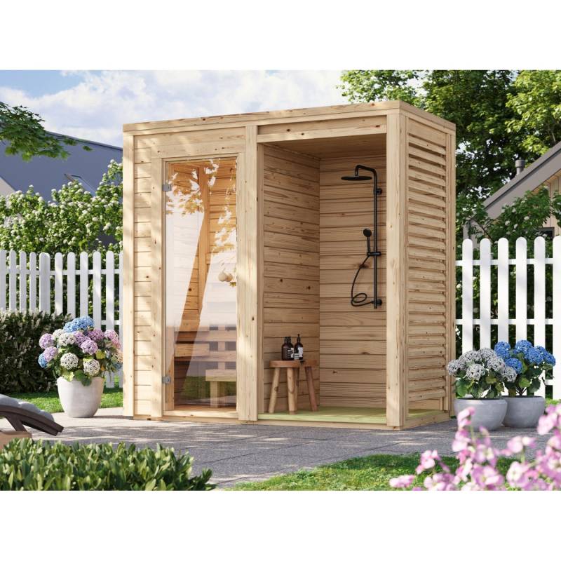 Fjordholz Mini Saunahaus Modell Nick mit Dusche Duscharmatur Edelstahl von Fjordholz