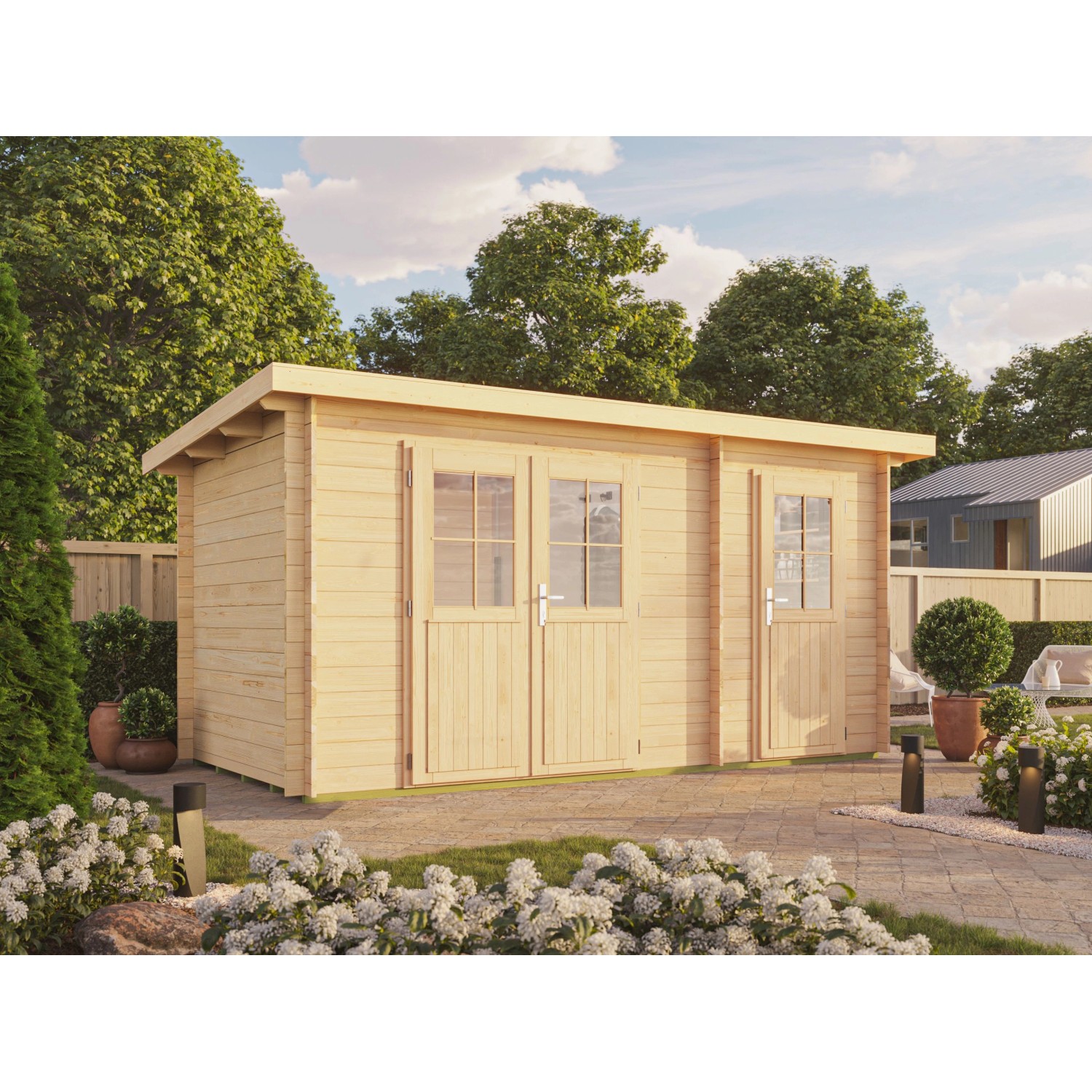 Fjordholz Pultdach Gartenhaus Modell Ezra 2H Grau Imprägniert von Fjordholz