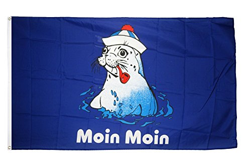 Flaggenfritze Fahne/Flagge Moin Moin Robbe mit Pfeife + gratis Sticker von Flaggenfritze