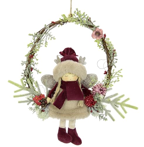 Dekorierter Kranz aus Rattan mit Elfe mit Tannenzweigen Dekozweigen Kunstblumen Beeren Weihnachtskranz Kranz für Tür Wand Adventskranz Kränze Dekokranz Deko Weihnachtsdeko Türdeko von Flair Flower