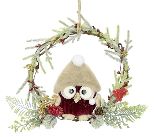 Dekorierter Kranz aus Rattan mit Eule mit Tannenzweigen Dekozweigen Kunstblumen Beeren Weihnachtskranz Kranz für Tür Wand Adventskranz Kränze Dekoren Deko Weihnachtsdeko Türdeko Tierfigur Vogel von Flair Flower