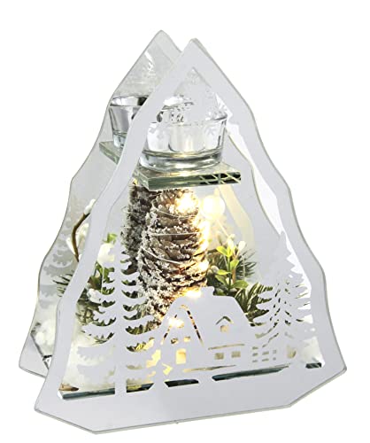 Flair Flower Dekoriertes Deko-Objekt aus Glas mit Tannenzweigen Tannenbaum und LED Licht Lampe Kerzenhalter Stimmungslicht Weihnachtsdeko Dekoration 3D Bild 20x14x6cm von Flair Flower