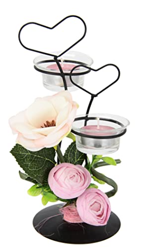Dekorierter Teelichthalter aus Metall mit Glaseinsatz Teelichtkerze Herz Kunstblumen Kerzenständer Kerzenhalter Tischdeko Kerzen Ostern Muttertag Valentinstag Hochzeit Hochzeitsdeko Windlicht von Flair Flower