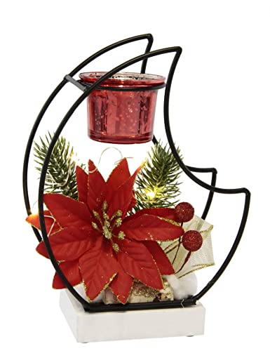 Dekorierter Teelichthalter aus Metall mit Glaseinsatz Weihnachtsstern Tannenzweigen LED Licht Stimmungslicht Lampe Kerzenhalter Weihnachtsdeko Dekoration Tischdeko Dekoobjekt Ornamente 3D Bild von Flair Flower
