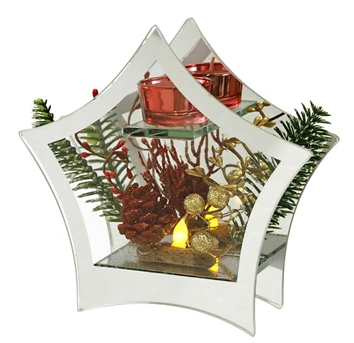 Dekoriertes Deko-Objekt aus Glas mit Tannenzweigen Dekozweigen und LED Licht Lampe Kerzenhalter Stimmungslicht Weihnachtsdeko Dekoration Weihnachten Glas Geschenk Dekoobjekt Ornamente 3D Bild von Flair Flower