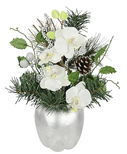 Flair Flower Gesteck Orchidee im Apfel-Topf Kunstblume Winterblume Christstern Festliche Blumendeko Arrangement Weihnachtsblume Mittelstück Weihnachtsdeko Tischdeko Kunstpflanzen Deko-Gesteck von Flair Flower