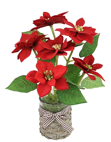 Flair Flower Künstliche Blume Poinsettia im Topf Weihnachtsstern Christstern Weihnachtsdeko Weihnachtsblume Kunstblume Weihnachtliche Einzelblume Zweig X'Mas Strauß Geschenk Deko Adventsstern von Flair Flower