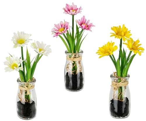 Flair Flower Künstliche Mini-Margeriten im Glas Arrangement Gänseblümchen Deko Dekoblumen Pflanzen Kunstblume Frühjahrsdekoration Unechte Blumen Frühjahr Ostern Osterdeko Tischdeko 3er Set, Margeriten von Flair Flower