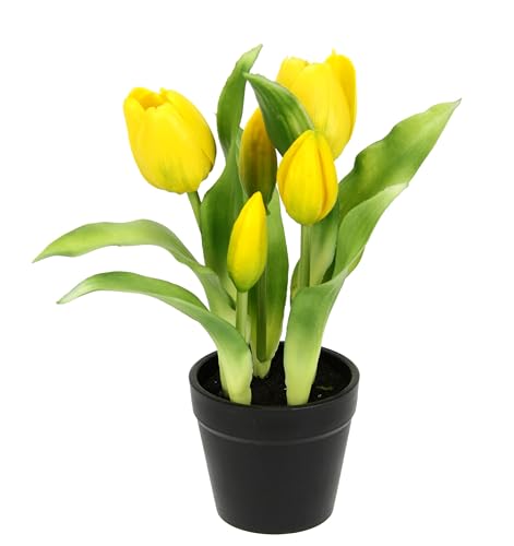 Flair Flower Künstliche Tulpen im Topf Real-Touch Blüten Frühlingsdeko Osterdeko Tulpe Tulpenstrauß Latex Kunsttulpe Einzelblumen Kunstblumen Blumen Tischdeko Dekoration Stielblume Seidenblume, gelb von Flair Flower