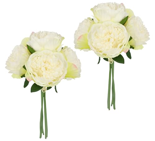 Flair Flower Künstlicher Rosenstrauß Rosenbusch Kunstblumen Künstliche Rosen Strauß Bouquet Seidenblumen Blumenbouquet Blumenstrauß Blumenarrangements Bauernrosen Päonien 2er Set, Creme von Flair Flower