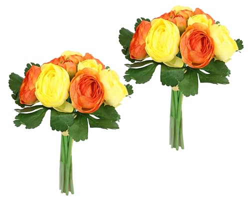 Flair Flower Künstliches Bouquet aus Ranunkeln Strauß Kunstblumenstrauß Seidenblumen Blumenbouquet Blumenstrauß Blumenarrangements Blumenbusch Kunstblumen Blumensträuße Blumen Hochzeit, gelb/orange von Flair Flower