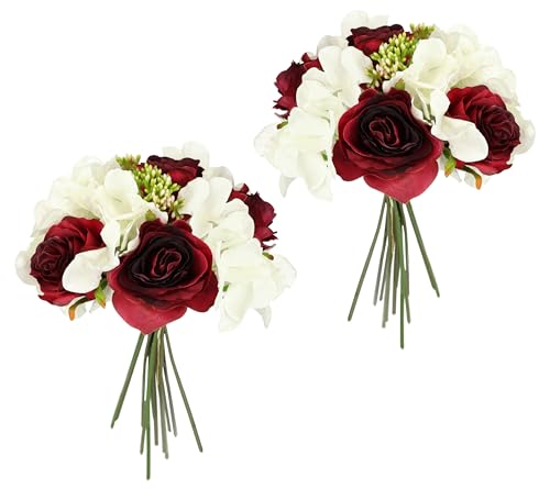 Flair Flower Künstliches Rosenbouquet mit Hortensien Rosen Strauß Kunstblumenstrauß Bouquet Seidenblumen Blumenbouquet Blumenstrauß Hortensienbouquet Kunstblumen Blumen Hochzeit, weinrot/weiß von Flair Flower