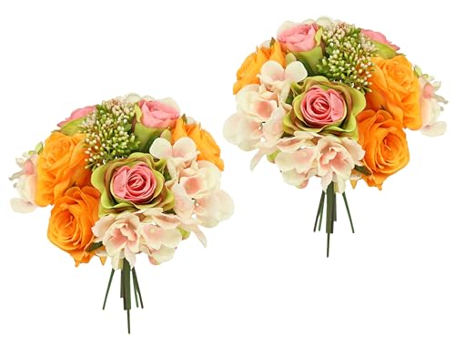 Flair Flower Künstliches Rosenbouquet mit Hortensien Strauß Kunstblumenstrauß Bouquet Seidenblumen Blumenbouquet Blumenstrauß Hortensienbouquet Rosen Kunstblumen Blumen Hochzeit, weiß/rosa/orange von Flair Flower