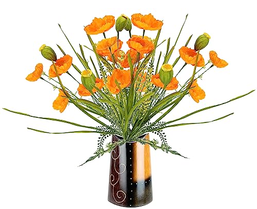 Flair Flower Kunstblumen Mohnblumenbusch in Vase künstliche Blumen Mohnblume Mohn Mohnbusch Bouquet Strauß Blumenstrauß Blumenbouquet Blumendeko Wiesenblumen Grab Hochzeit Dekoration, Orange von Flair Flower