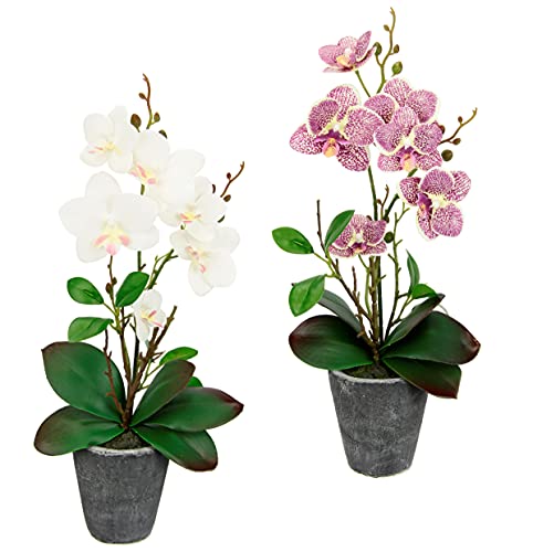 Flair Flower Kunstblumen Orchidee 40cm mit Blätter im Topf Kunstorchidee Künstliche Orchidee Blume Phalaenopsis mit Übertopf Kunstpflanze Hochzeit Deko Seidenblume Real Touch Blüte, rosa/weiß von Flair Flower