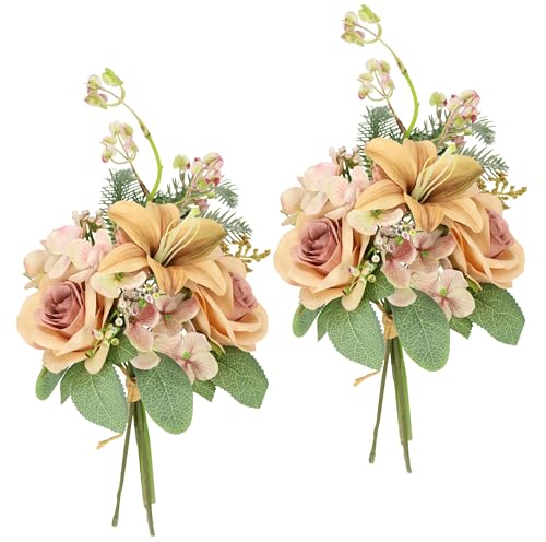 Kunstblumen-Strauß Rosen Lilien Hortensie 35cm 2er Set Blumensträuße Seidenblume Dekoblume Bouquet Hochzeit Blume Mittelstück Tischdeko unecht Grableger Grabschmuck Aufleger Grabdeko, Peach von Flair Flower