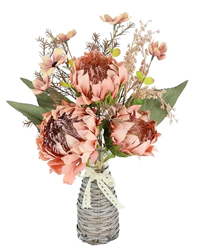 Kunstblumenstrauß Protea Strauß in Vase 45cm Artischocken Distel Blumensträuße Seidenblume Kunstblume Dekoblume Bouquet Hochzeit Herbstdeko Herbstblume Mittelstück Tischdeko wie echt, Mauve von Flair Flower