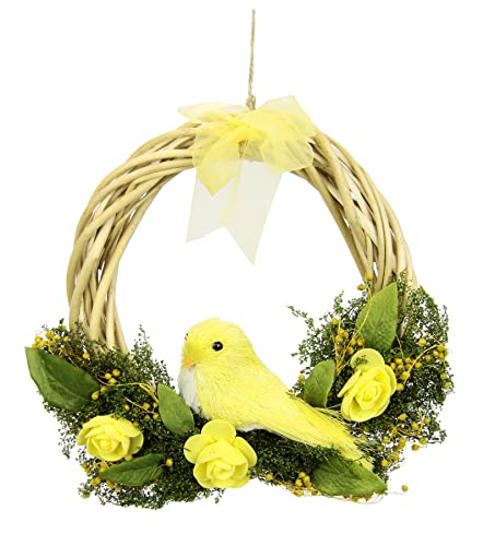 Flair Flower Osterkranz Vogel Blüten Schleife Dekoration Kranz Girlande Künstliche Ostertür Osterdeko Frühlingsdeko Frühling Tür Türdeko Eingangsbereich Blume Wand Fenster, 090274G, Gelb, 20x20x5 cm von Flair Flower