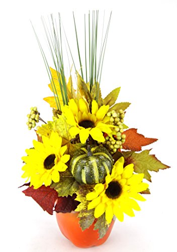 Gesteck aus Sonnenblumen mit Kürbis im Apfel-Topf Kunstblumen Arrangement Künstlich Deko Tischdeko Herbstdeko Sommergesteck Blumen Strauß Fensterbank von Flair Flower