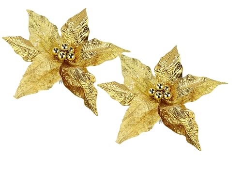 Flair Flower Weihnachtsstern Poinsettia auf Clip 2er Set 28cm Christstern künstlich Mini Kunstblume Weihnachtsblume für Adventskranz Girlanden Adventsdeko Christbaum Floristik Blumenstrauß, Gold von Flair Flower