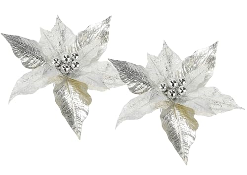 Flair Flower Weihnachtsstern Poinsettia auf Clip 2er Set 28cm Christstern künstlich Mini Kunstblume Weihnachtsblume für Adventskranz Girlanden Adventsdeko Christbaum Floristik Blumenstrauß, Silber Flair Flower Weihnachtsstern Poinsettia auf Clip 2er Set 28cm Christstern künstlich Mini Kunstblume Weihnachtsblume für Adventskranz Girlanden Adventsdeko Christbaum Floristik Blumenstrauß, Silber von Flair Flower