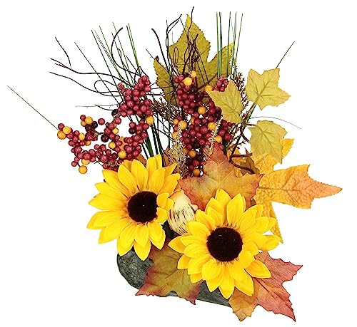 Gesteck aus Sonnenblumen auf Stein Künstliche Blumen Kunstblumen Blumen Herbstgesteck Deko Ornamente für Halloween Thanksgiving Herbstdeko Herbst Kunstpflanze Mittelstück Tischdeko Pflanze von Flair Flower